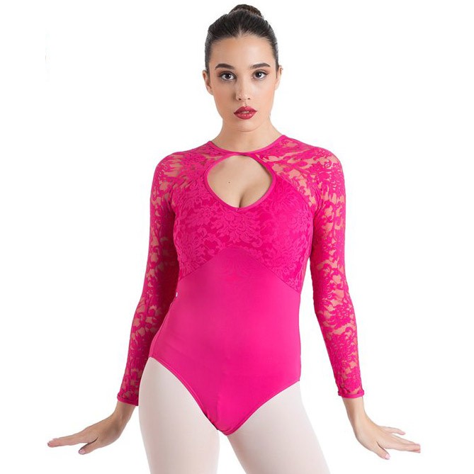 El Flamenco Vive | Fuchsia leotard long sleeves front in lace 3158