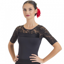 Leotard with sleeves to elbow, yoke and back in black lace 3155S
