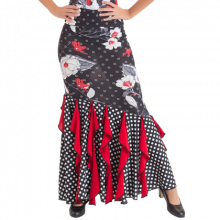 Flamenco printed lycra skirt fitted to mid thigh and hanging ruffles EF224