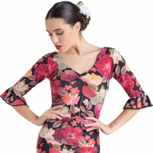 Printed leotard pink-red fowers sleeves with small ruffle in elbow E4755
