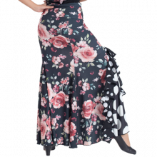 Printed flamenco black skirt salmon flowers side godet EF343