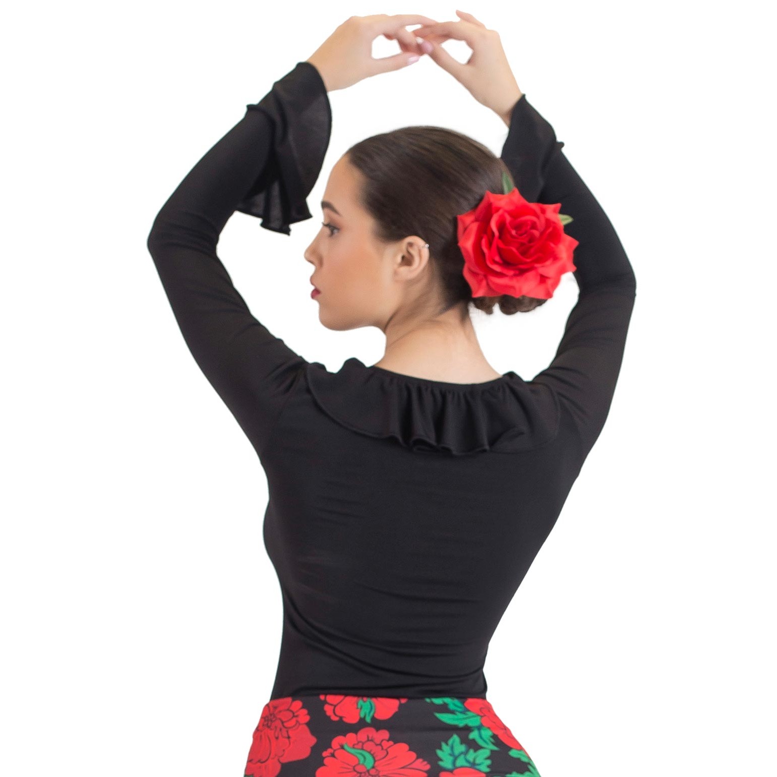 Maillot de Flamenca Danza Española para Mujer Mangas con Volantes Color Rojo  y Negro