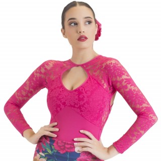Maillot fucsia escote a caja mangas y pecho en blonda 3158