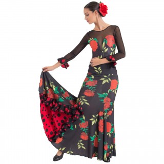Falda estampada negra flores godet lateral con volante EF343