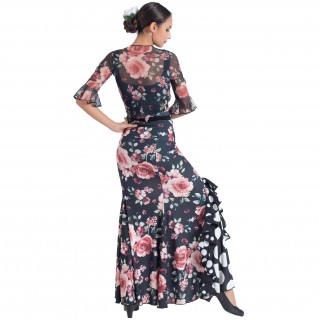 Falda estampada negra flores salmón godet lateral con volante EF343