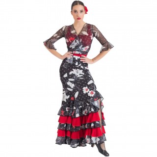  Falda estampada negra flores blancas abertura lateral con volantes EF344