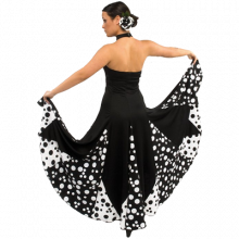 Vestido flamenca atado al cuello con vuelo capa y media y godés estampados E3796