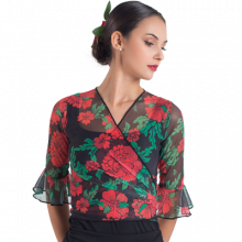 Chaquetilla bolero atada por delante microtul flores rojas E4152
