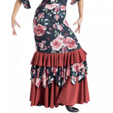 Falda lycra estampada con canesú largo y 2 volantes uno en picos EF195