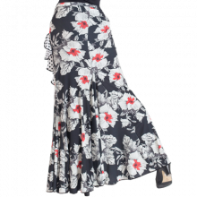 Falda lycra estampada con volante en diagonal y godets EF248