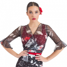 Chaquetilla bolero atada por delante microtul flores blancas E4152