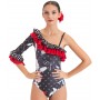 Maillot estampado 2 volantes escote diagonal, tirante izquierda 3179FP