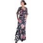 Falda estampada negra flores salmón godet lateral con volante EF343