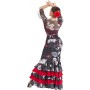  Falda estampada negra flores blancas abertura lateral con volantes EF344