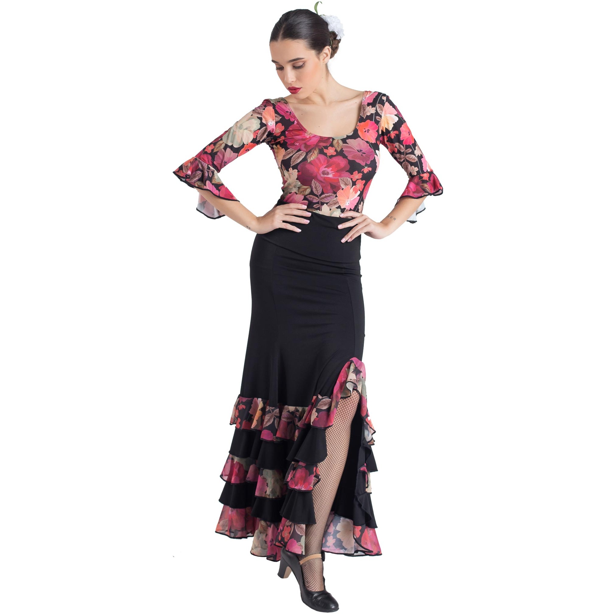 El Flamenco | Falda negra abertura con volantes estampados flores - Français | Madrid,